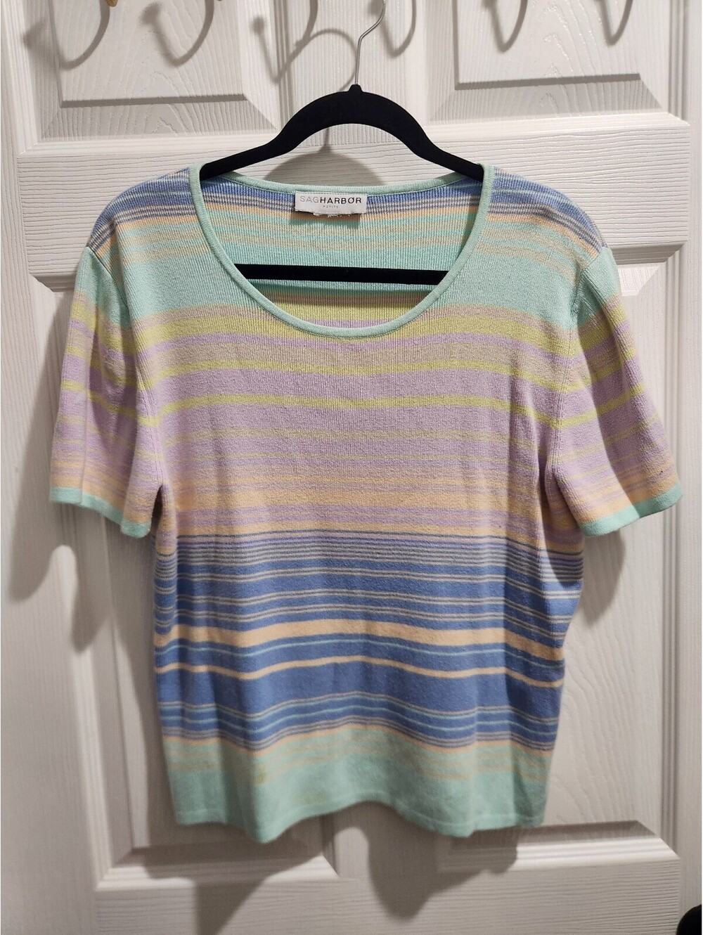 Sag Harbor Petite Pastel Striped Short Sleeve Sweater Top
